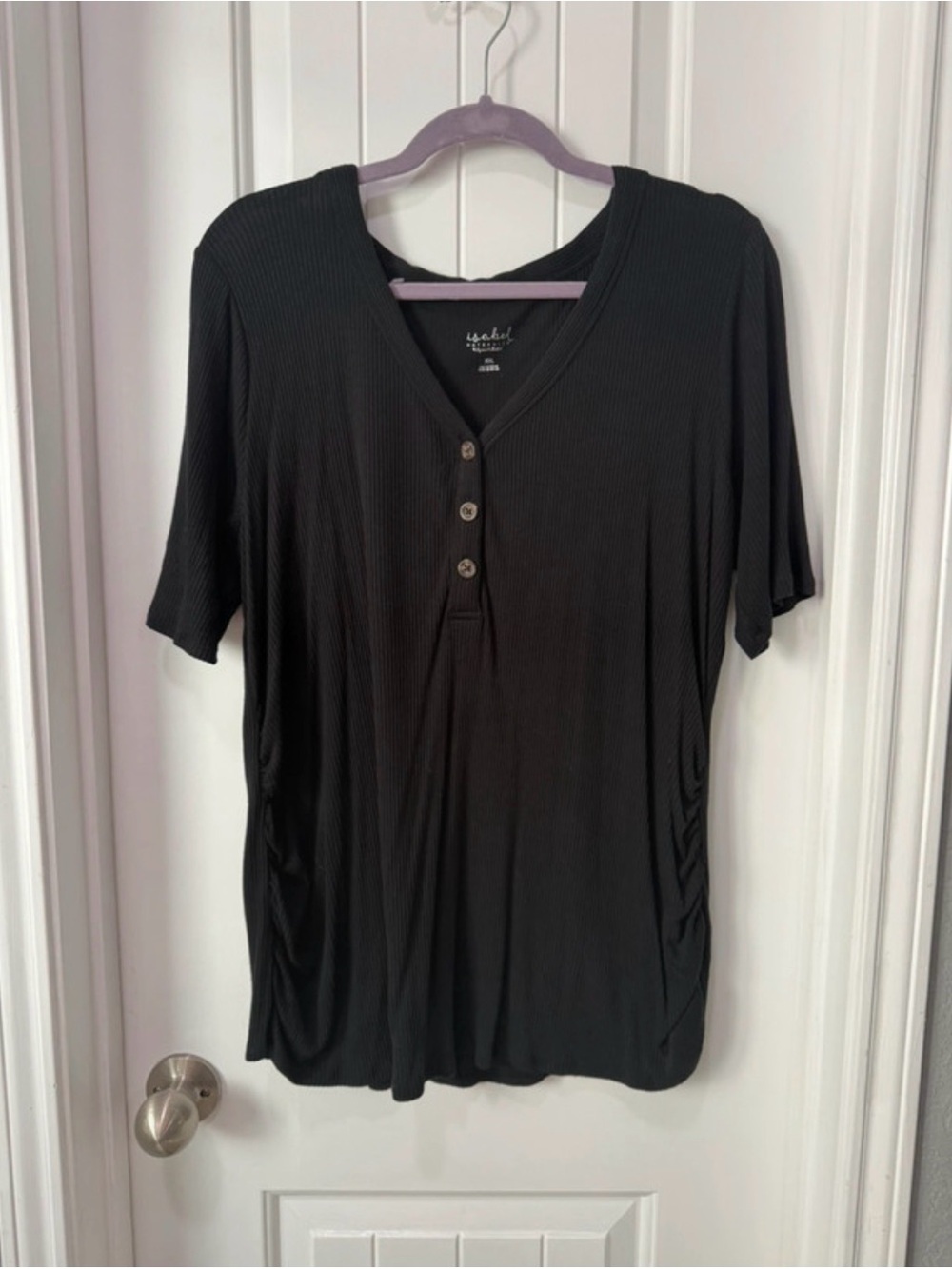 Isabel Maternity by Ingrid & Isabel Black Ribbed V-Neck Henley Short Sleeve Top